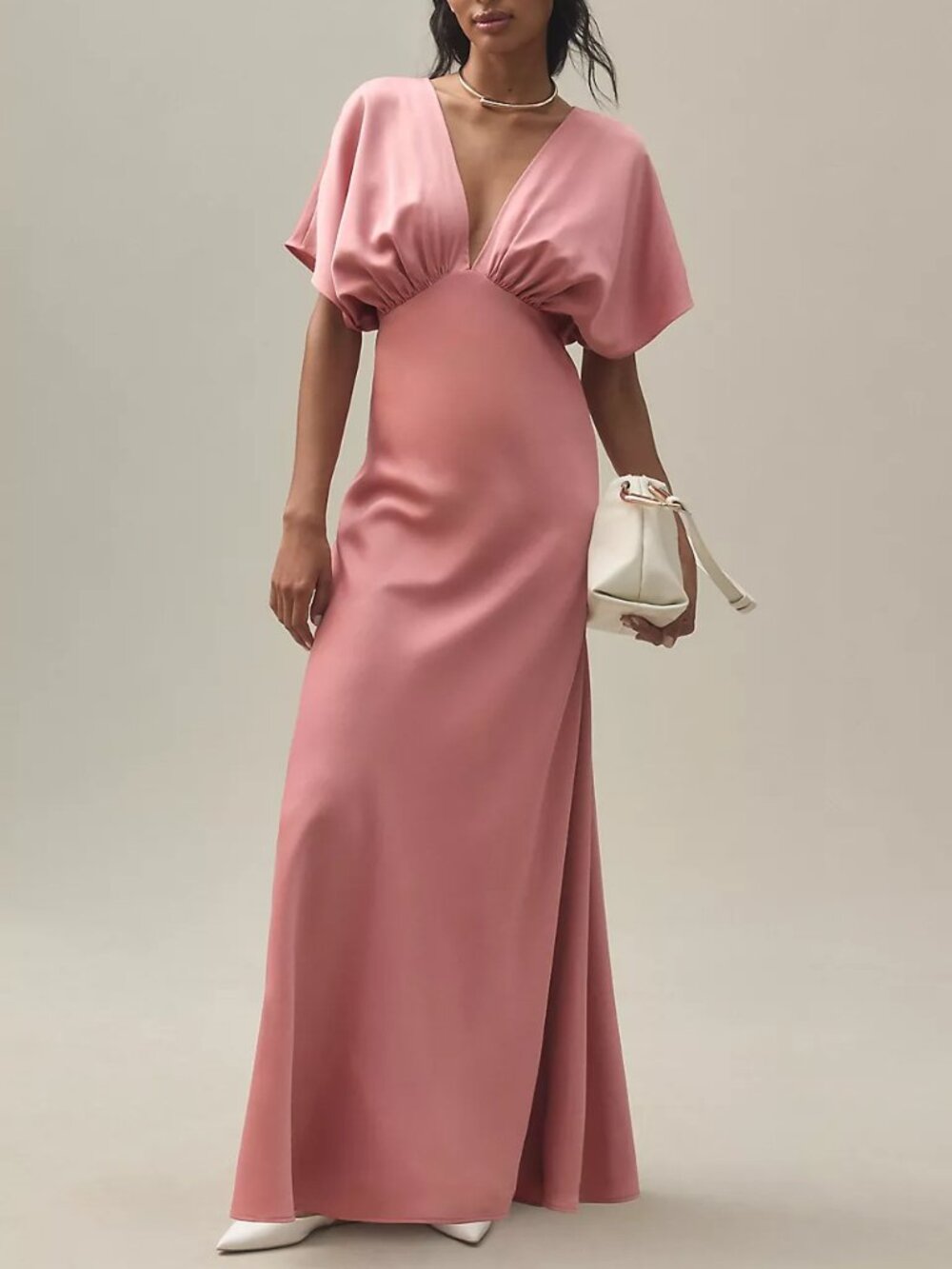 BHLDN Leila Deep-V Flutter-Sleeve Satin A-Line Gown